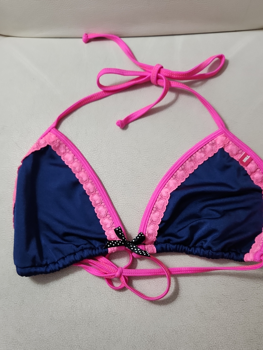 Ladies Navy and Hot Pink Lace-Trim Triangle Swim Top